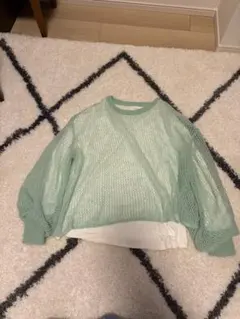 ミントグリーン 透かし編み バルーンスリーブセーター　フリーサイズ