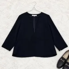 洗える ナチュラルビューティーベーシック ノーカラー ジャケット L 紺 防シワ