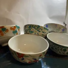 銀彩絵変わり多用丼　花模様の陶器丼 5個セット