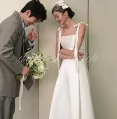 新品　ウェディングドレス　前撮り　Aライン　ホワイト　白　サテン　リボン　L