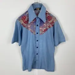 70s J.C.Penney ウエスタンシャツ シャンブレー ペイズリー切替 青のサムネイル