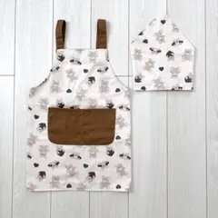 くま柄 キッズエプロン 三角巾セット 130サイズ 前ポケット付き かぶるタイプのサムネイル