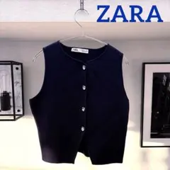 ZARA ニット ベスト ジレプレーンニット クロップドトップス ネイビー Ｌ