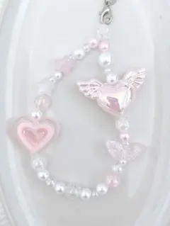 【ゆめかわ】ピンク天使の羽×オーロラハート〰︎︎ビーズストラップ C210