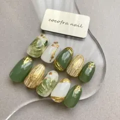 ネイルチップ　オーダー　緑　和柄　ミラー　成人式ネイル　振袖ネイル