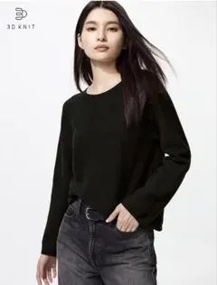 3Dコットンクルーネックセーター 　長袖セーター ブラック