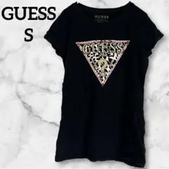 レア✨GUESS 【S】　ゲス　黒　半袖Tシャツ クルーネック　レオパード　豹柄