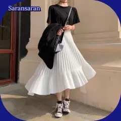 フリル付き 裾 アシンメトリー ロングスカート プリーツ ホワイト 旅行 フレア