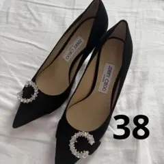 美品 ジミーチュウ クリスタルバックル レザー ポインテッドトゥパンプス 38