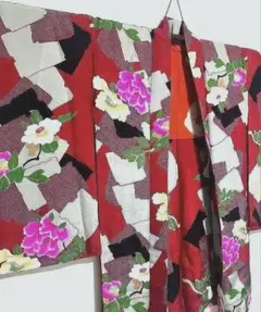 週末セール【レア！美品アンティーク】大正ロマン、蛍光ピンクのお花と水玉☆長羽織