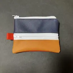 便利ポーチ　トリコロール風　オレンジ　ブラウン　ネイビー　レザー調　多ポケット
