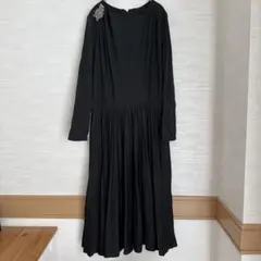 ヴィンテージ ワンピース ラウンドネック 長袖 フレア M 黒 黒 結婚式