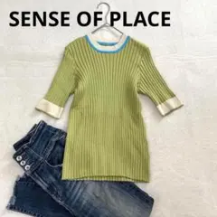 【SENSE OF PLACE】リブニットTシャツ ヤミドリ 配色ライン 5分