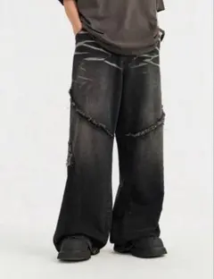 ダメージ加工 ワイドデニムパンツ ブラック