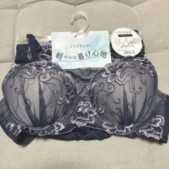 【新品未使用品】D75 エレガンテ ブラジャー ショーツ セット 刺繍 花 紺色