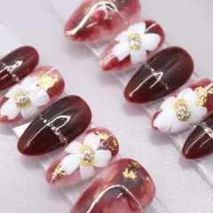 【925】ネイルチップSサイズ ボルドー 赤　ニュアンス 花柄　白　金箔　ラメ