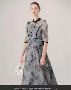 Leja 配色パイピングプチハイネック花柄刺繍ラメレースロング丈ドレスワンピース