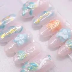 【582】ネイルチップSサイズ 朱雀　鳳凰　青ニュアンス　3D花柄金箔マグネット