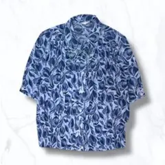 半袖ブラウス ブルー 花柄 総柄 刺繍襟 春夏 カジュアル レディース 13号