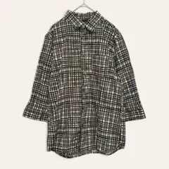 【セマンティックデザイン】チェック柄シャツ　手描き風　七分袖　モノトーン　Lのサムネイル