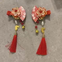 赤い花と扇子の髪飾り　チャイナ