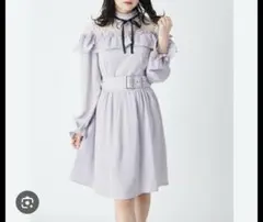 アンクルージュ　薄紫色 レース襟 長袖ひざ丈ワンピース