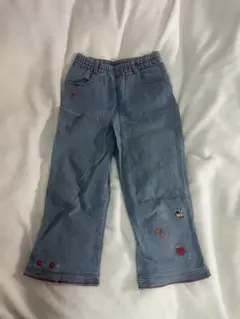 【キッズデニムパンツ 刺繍 さくらんぼ ハチ ウエストゴム 女の子150サイズ】