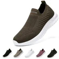 軽量スリッポン スニーカー カーキ 28.5cm 高反発 通気性 幅広 人気