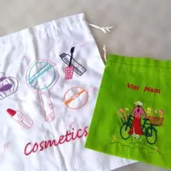 刺繍 巾着袋　コスメロゴ ベトナムロゴ 自転車 2袋セット 匿名配送