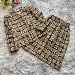 ツイードセットアップ　スカート　ジャケット　【M】9　ライトブラウン　チェック柄