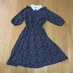 ネイビー花柄フリル襟ワンピース
