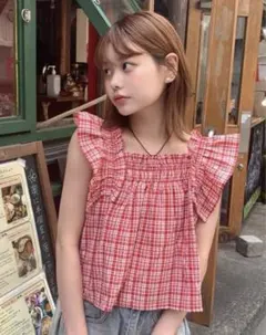 ギンガムチェックフリルトップス[dk1426 GRL