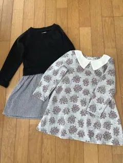 110センチ☆花柄&チェックドッキングワンピースセット。