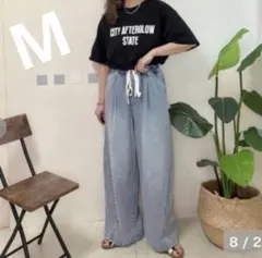 しまむら non デニムイージーパンツ M ライトブルー NOOOON