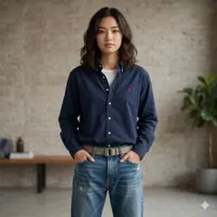 90s ポロバイラルフローレン 長袖シャツ M ネイビー 刺繍 ボタンダウン