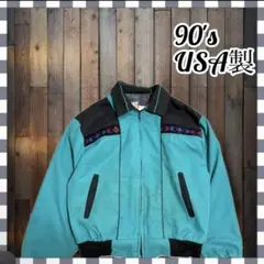 【90s】USA製 サンタフェジャケット ネイティブ柄 レアカラー ブルー Ｌのサムネイル