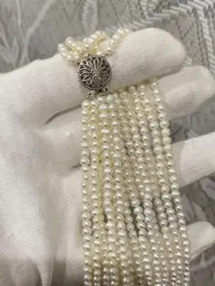ヴィンテージ　Sterling刻印あり ホワイト天然シードパール 7連ネックレス