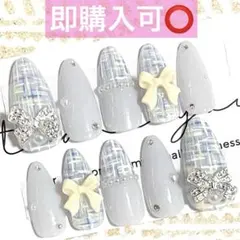 ネイルチップ現品オーダー量産型フレンチガーリーワンホンツイードスナ系白水色黄色青