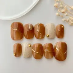【現品】ブラウン　ネイルチップ　ミラーライン　大人可愛い　ニュアンスネイル