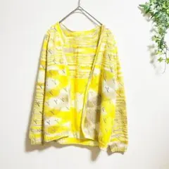 ヴィンテージ 長袖薄手透かしニットカーディガン 総柄 幾何学模様 イエロー 古着