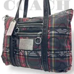 美品　A4収納　コーチ　トートバッグ　ポピー　チェック　ナイロン　レザー　黒