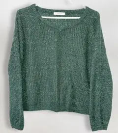 LOWRYS FARM ラメ混Vネックニット グリーン L ゆったり 上品