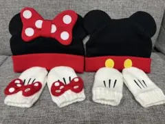 【週末までお値下げ！】ミッキー＆ミニー 耳付きニット帽＆手袋セット　※着画有