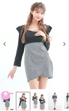 長袖 袖あり フリル ギンガムチェック ウエスト切替 タイト ミニドレス