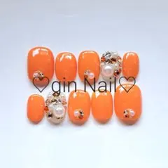 ネイルチップ　オーダー　現品　ベリーショート　オレンジ　ジェル　シンプル　春