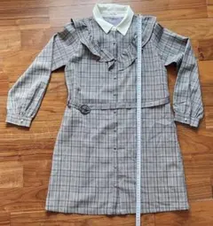 チェック柄ワンピース レディース 長袖 フリル付きベルトあり 裏地付き グレーM