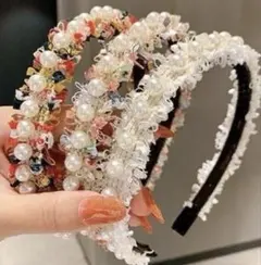 カラフルパール付きカチューシャ まとめ売り　セット 3個セット