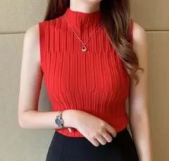 赤 リブ編み トップス 薄手 ニット ハイネックノースリーブ リブ タンクトップ