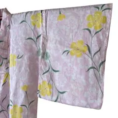 大人可愛い浴衣 ピンク×イエロー 桜・鉄仙文様 綿100% 身丈160 お稽古