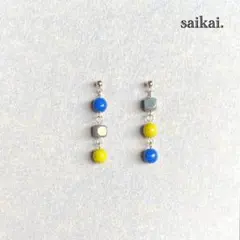 [870]カラフルチェコガラスのアシンメトリーピアス ブルー グリーン グレー